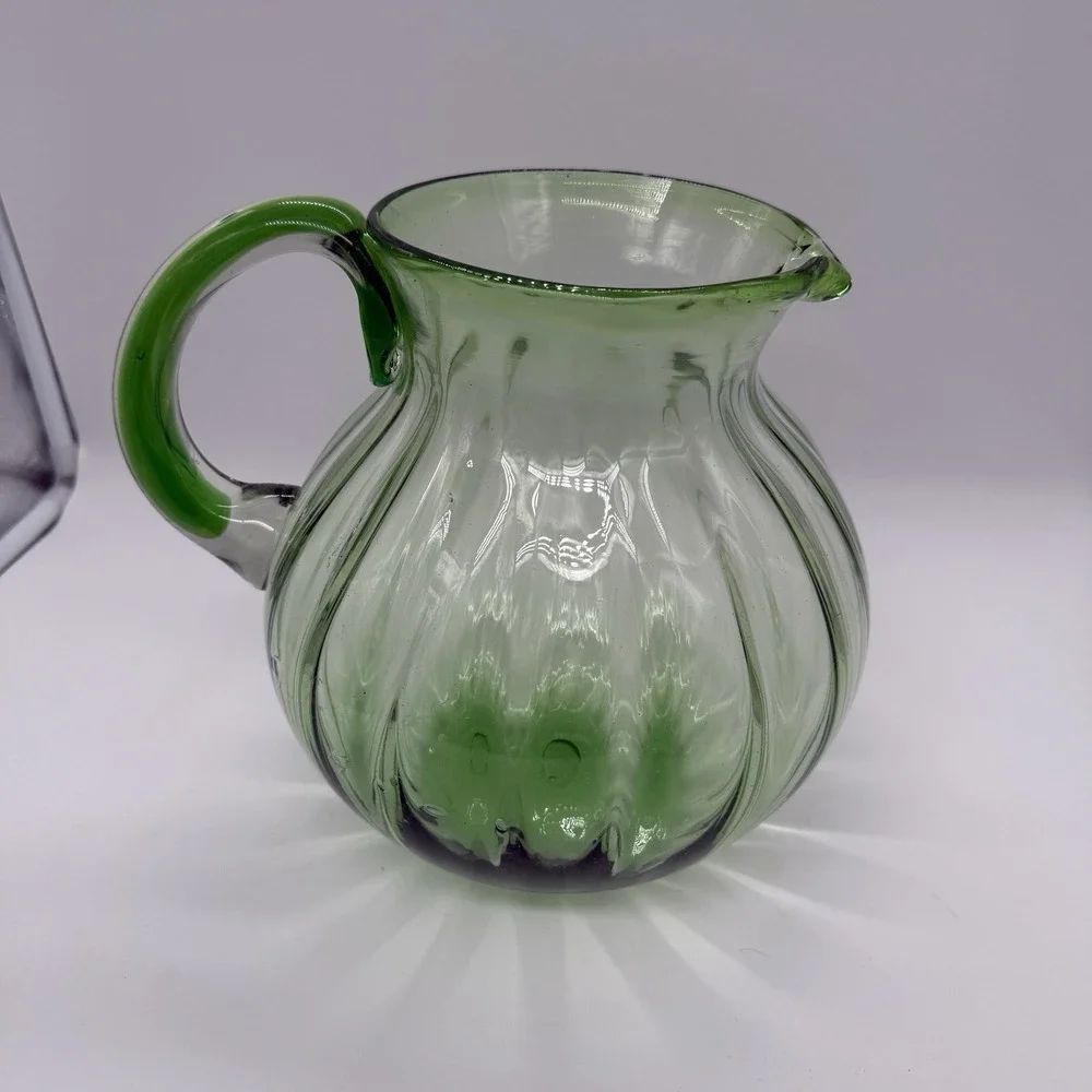 Vintage Hand Blown Green Glass Pitcher Aqua Ribbed Art Glass 9